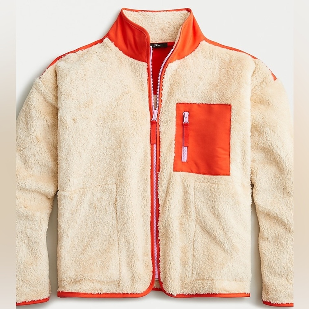 J.Crew NWT Weekend Superplush Sherpa Full-Zip Jacket in Colorblock Cream/Orange
